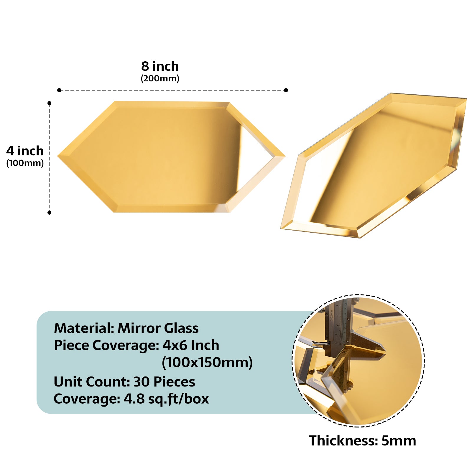 Mirror Backsplash Glass Tiles, Peel And Stick, Gold, Long Hexagon, 4*6 inch, Beveled Edge, MT47
